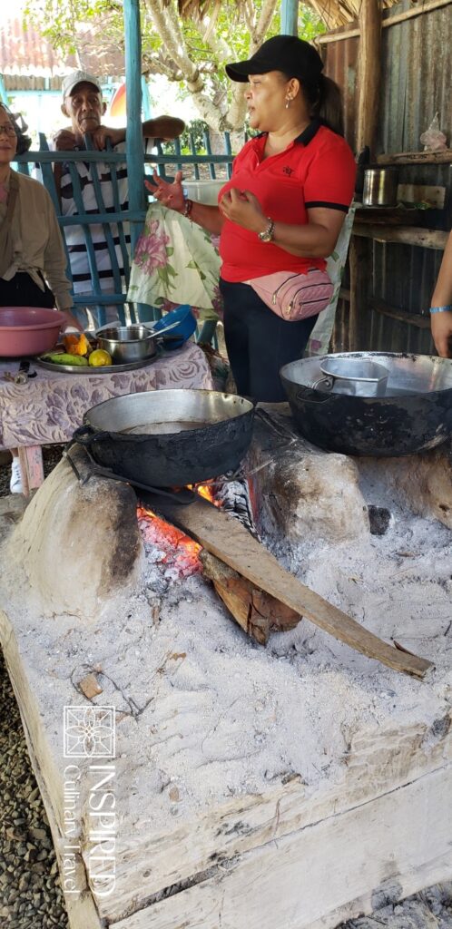 Local woman explaining the ingredients, cooking method, and history of Sancocho during an immersive culinary shore excursion in the Dominican Republic.