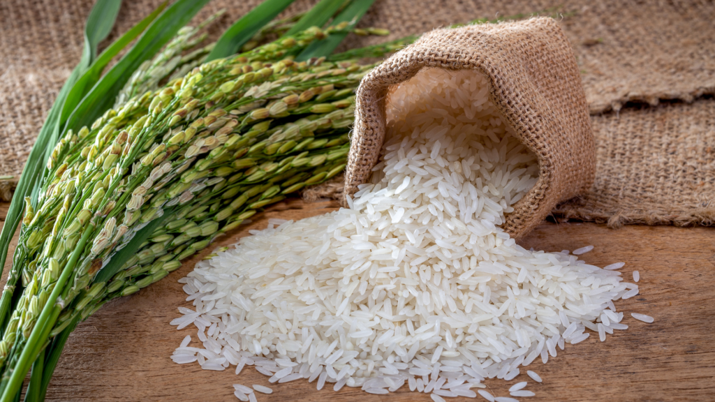 Close-up of a burlap sack spilling white rice grains onto a wooden surface, with fresh green rice stalks in the background.