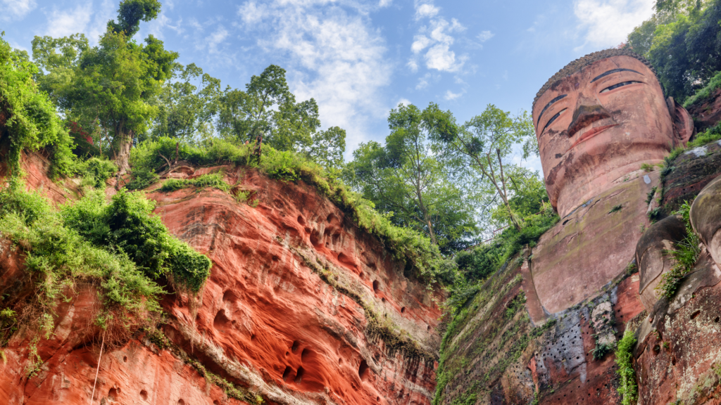 Leshan Giant Buddha picture taken from elow looking up at statue