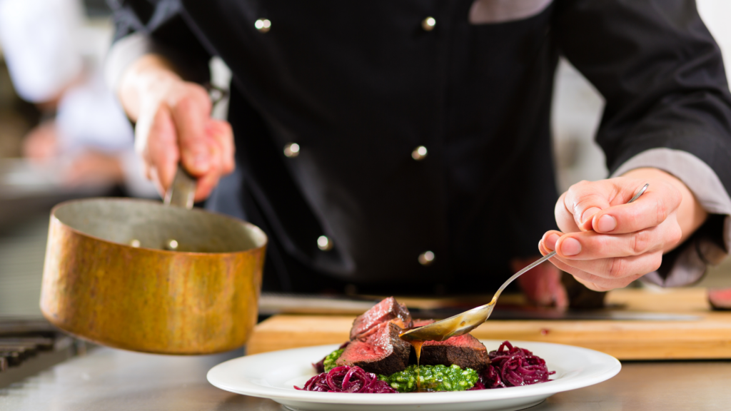 ing a steak dish which is a typical dish in a Michelin-starred restaurant.