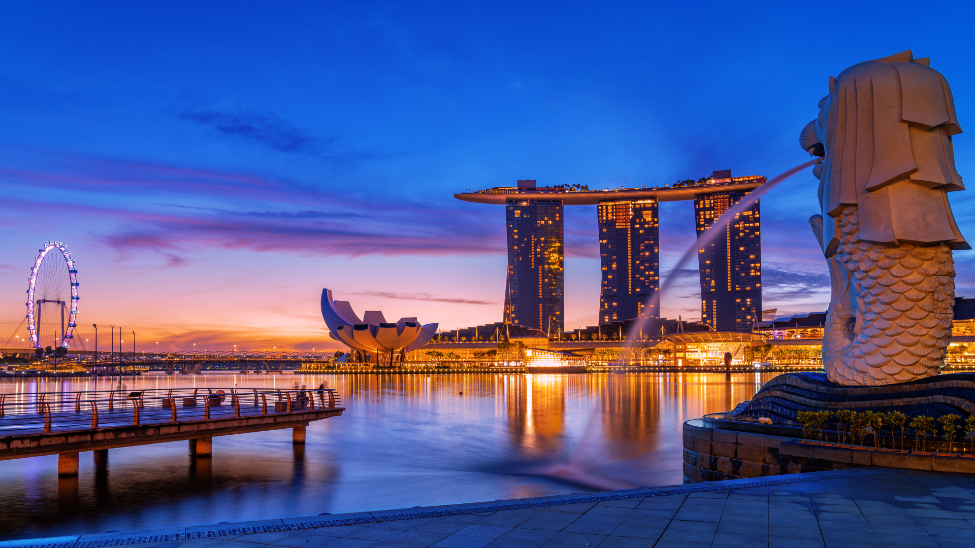 Singapore's Merlion Park at night. Singapore is a culinary destination. Filled with restaurants and street food that the MIcheline Guide has noted as being places with distinction and well worth a visit.